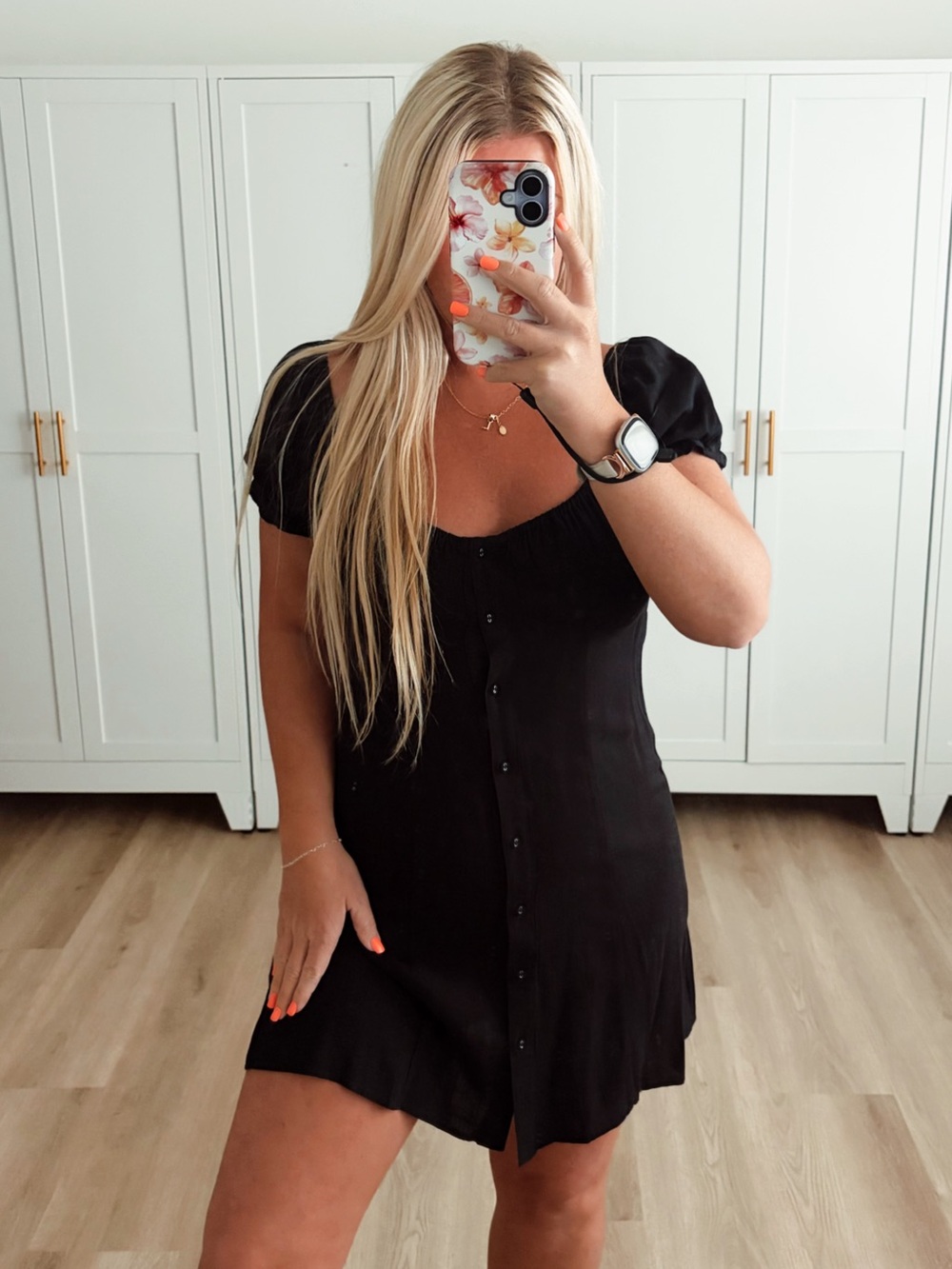Little black dress button up detail with puff sleeves